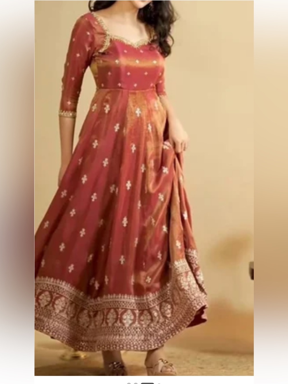 Indya Orange rust Embroidered Anarkali Dress with Gold Accents size S